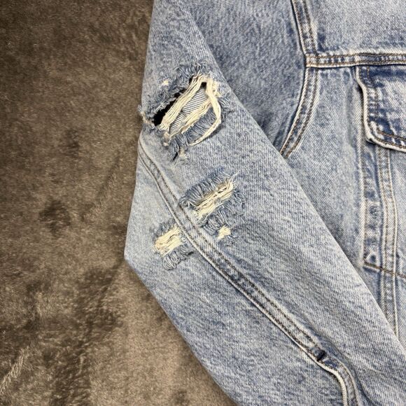 We The Free by Free People Hooded Denim Jean Jacket Trucker Distressed Large - Picture 4 of 13